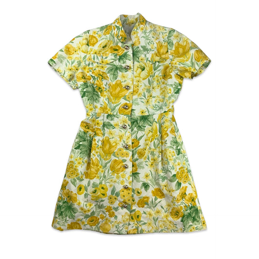 80s Yellow Floral Button Up Tunic Dress 8 10 12