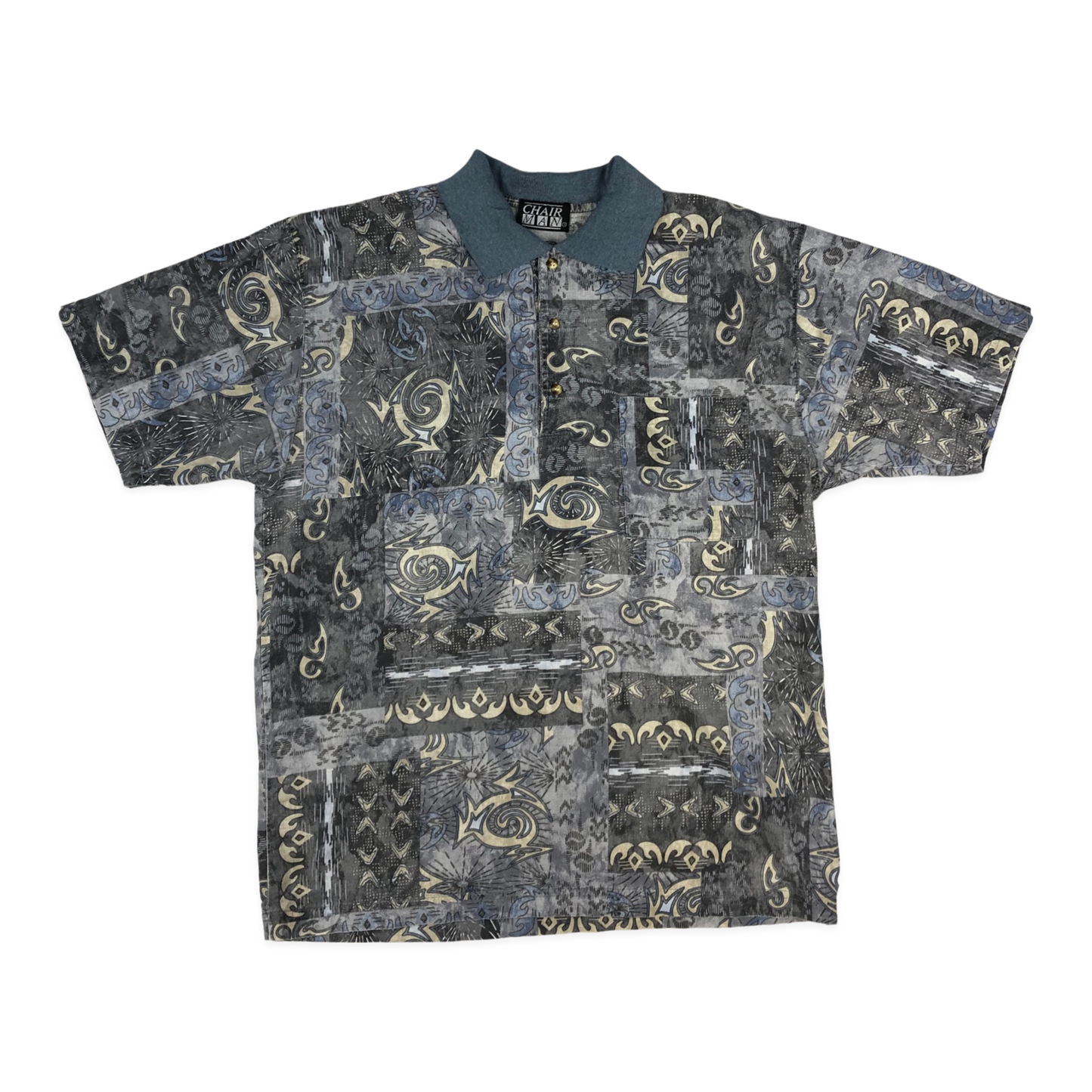 Vintage 80s Blue Crazy Pattern Print Polo Shirt S-L