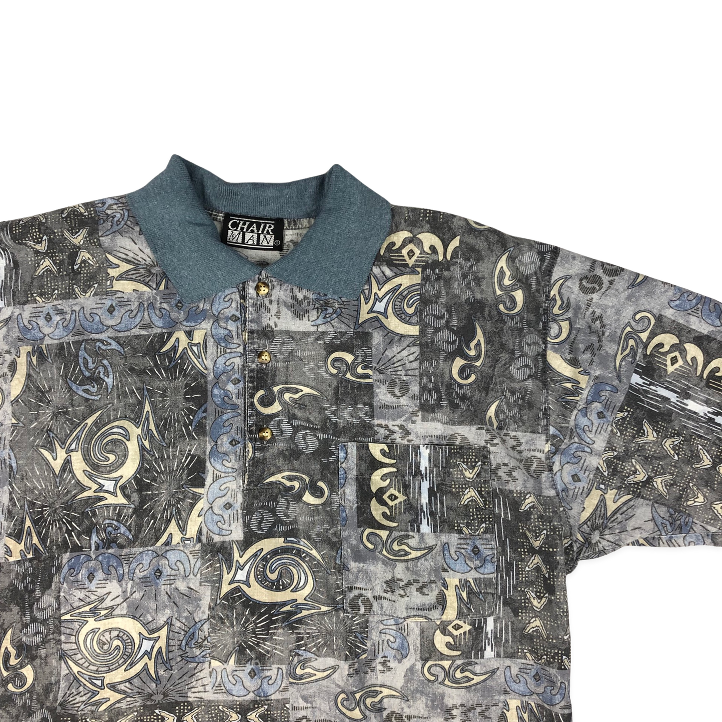 Vintage 80s Blue Crazy Pattern Print Polo Shirt S-L