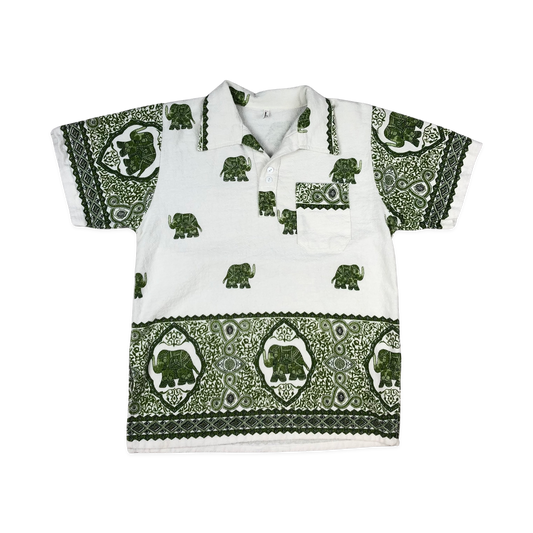 Vintage Green and White Elephant Print Polo Shirt S