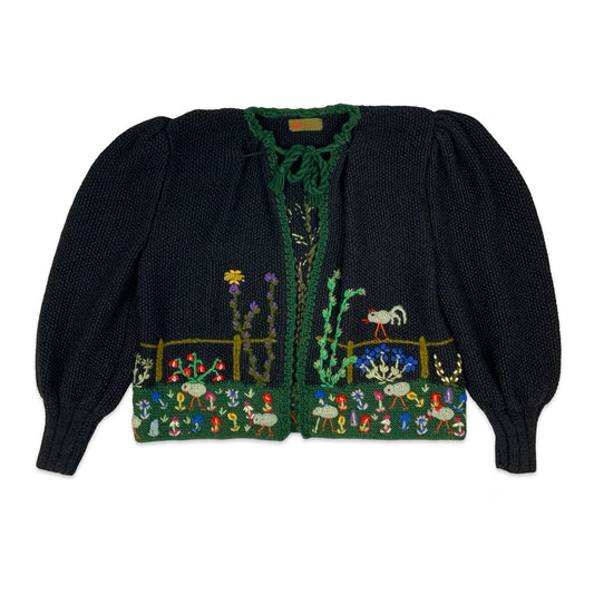 Vintage Black Knit Cardigan with Floral & Hen Embroidery 14 16