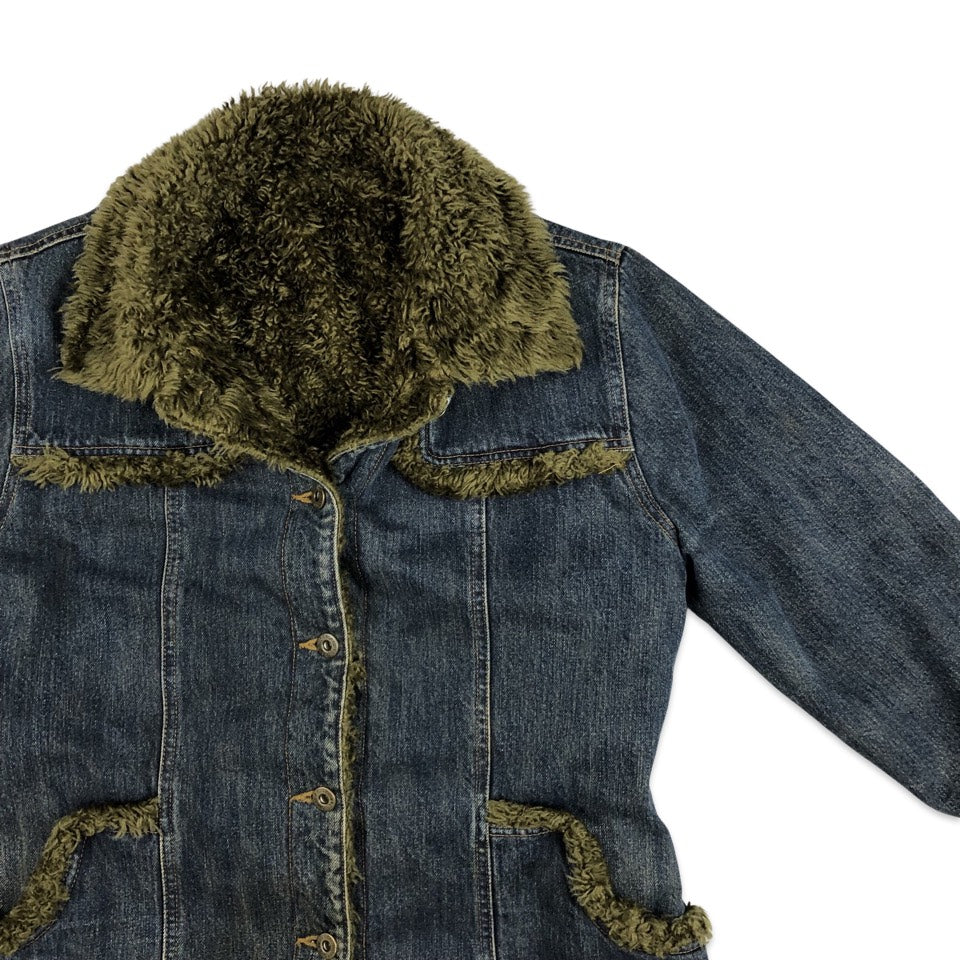 Vintage Y2K Preloved Afghan Style Faux Fur Lined Denim Jacket 10 12 14