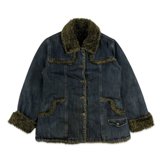 Vintage Y2K Preloved Afghan Style Faux Fur Lined Denim Jacket 10 12 14