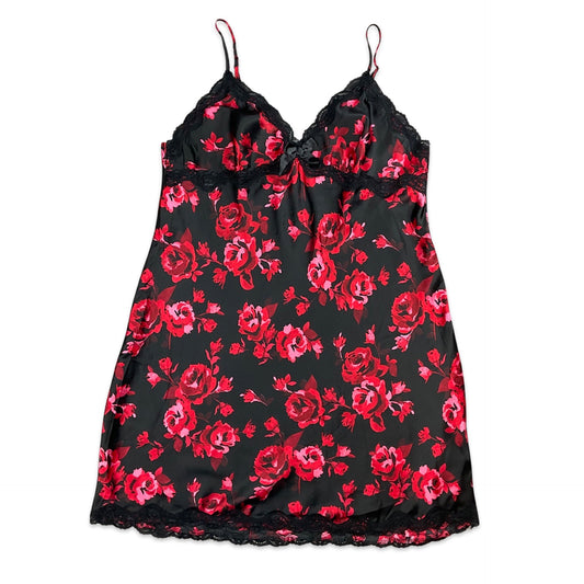 Vintage 90s Red Black Floral Lace Cami Slip Dress 10 12