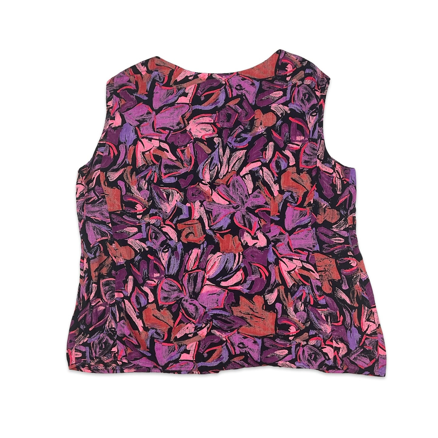 80s Black Purple & Red Floral Sleeveless Blouse 12 14 16 18