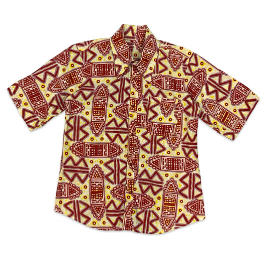 70s Red & Yellow Aztec Print Dagger Collar Shirt M
