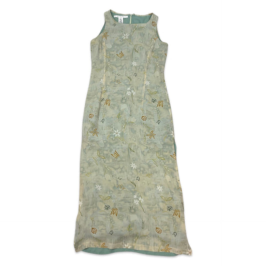 Vintage Pastel Green Floral Maxi Dress with Side Slits 10 12