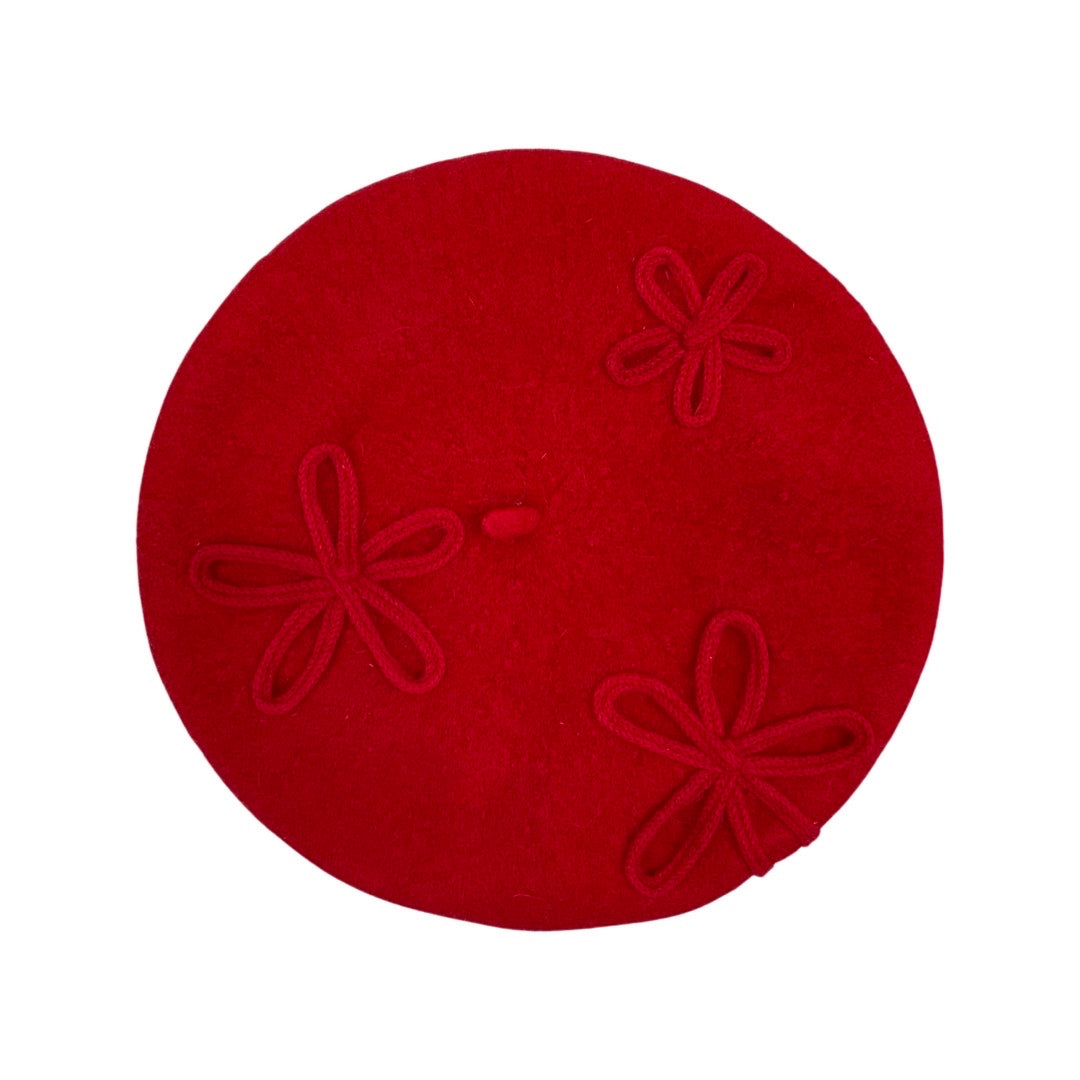 Vintage Red Stitched Flowers Beret