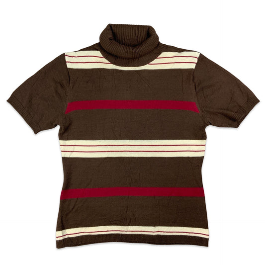 Brown White & Red Striped Short Sleeve Turtleneck Jumper 10 12 14