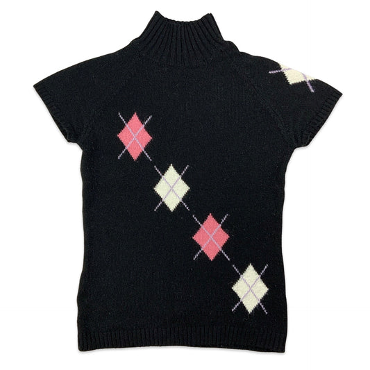 Black White & Pink Argyle Short Sleeve Mock Neck Jumper 4 6 8