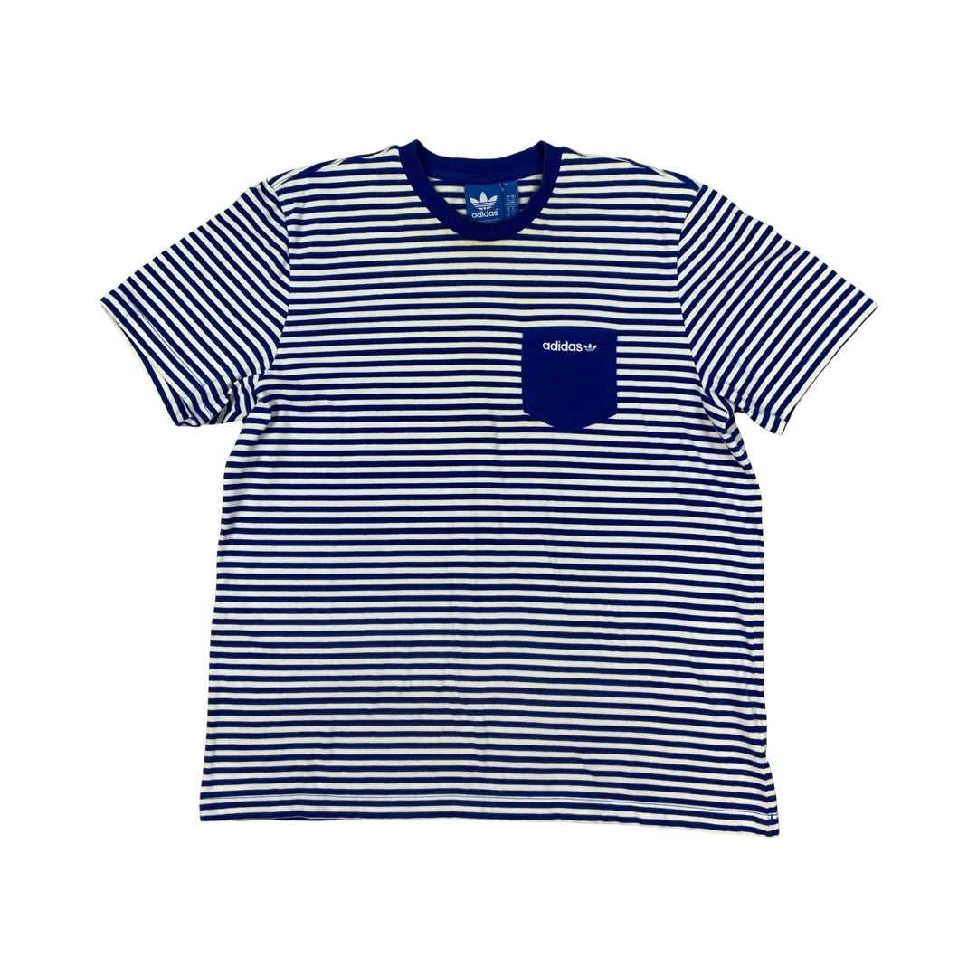 Vintage Y2K Adidas Pocket T-Shirt Blue & White Striped L
