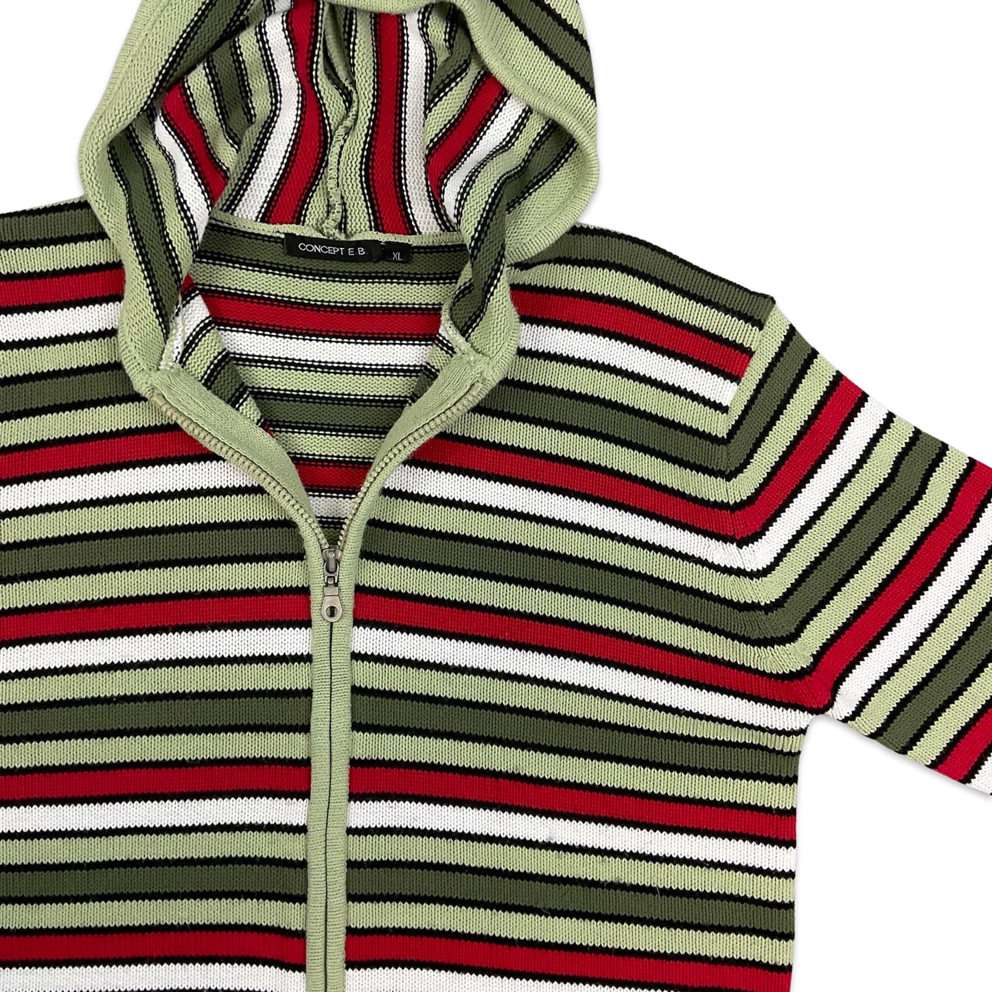 Vintage Green Striped Hooded Zip Cardigan Red White 14 16