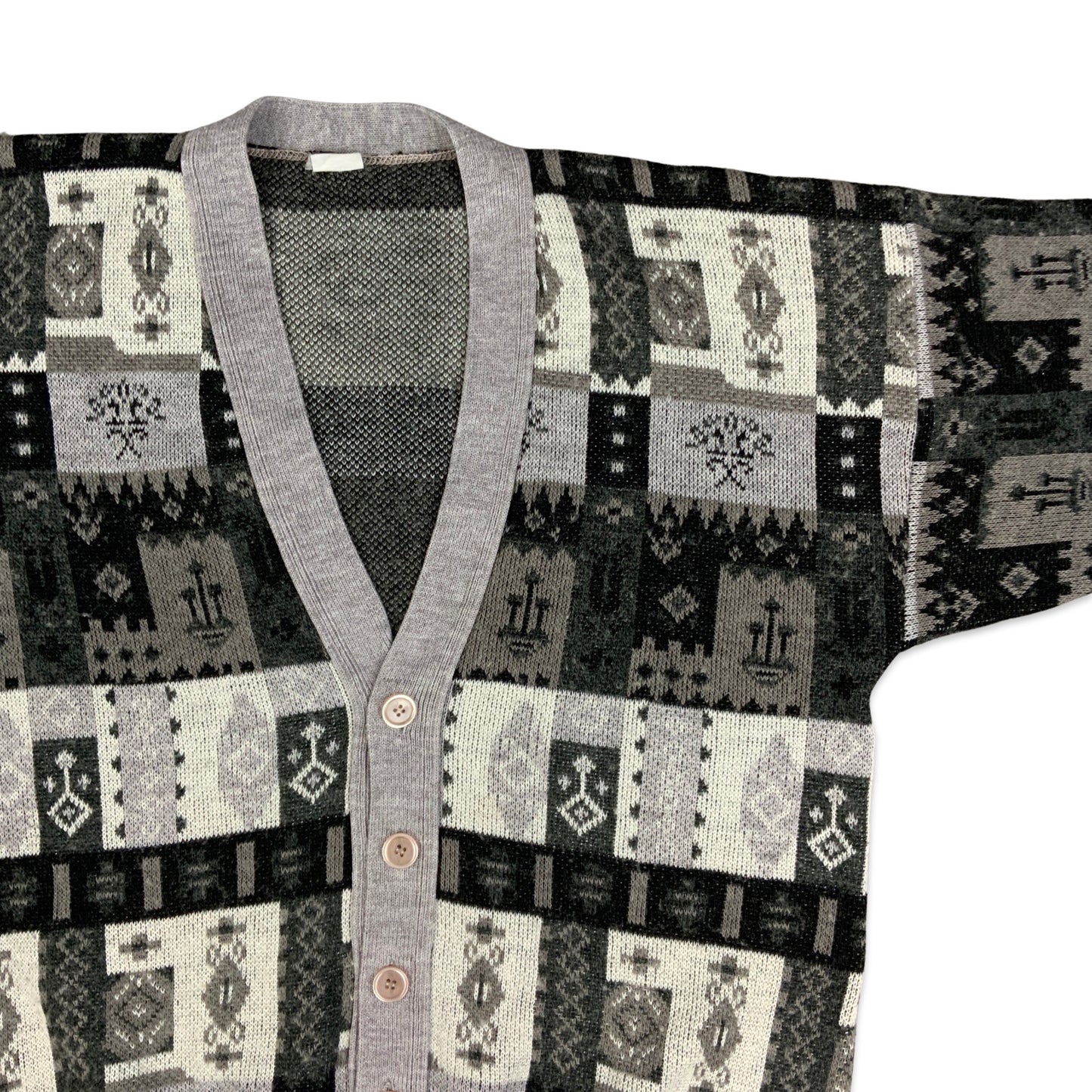 Vintage 80s Men's Grey Black & Brown Knit Cardigan M L