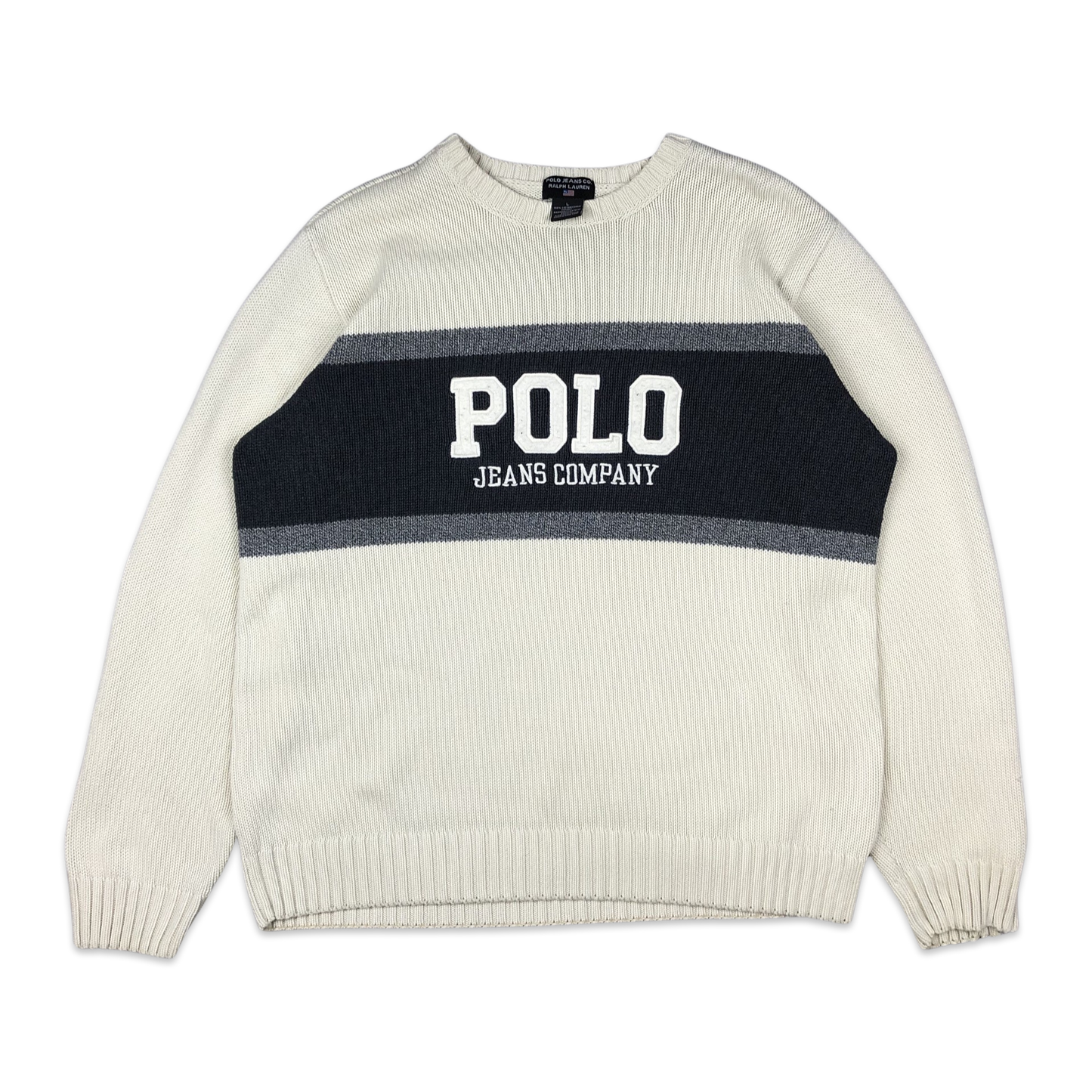Ralph Lauren White and Black Spell Out Knit Jumper L XL