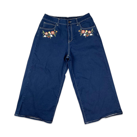 Vintage 80s Floral Embroidered Blue Wide Leg Jeans 12 14 16