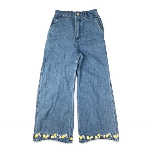 Floral Embroidered Blue Wide Leg Jeans 6 8 10 12