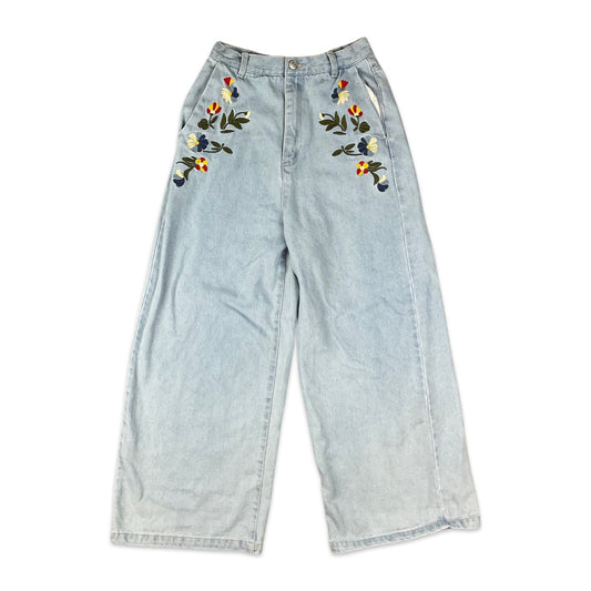 Vintage Floral Embroidered Light Wash Wide Leg Jeans 6 8 10