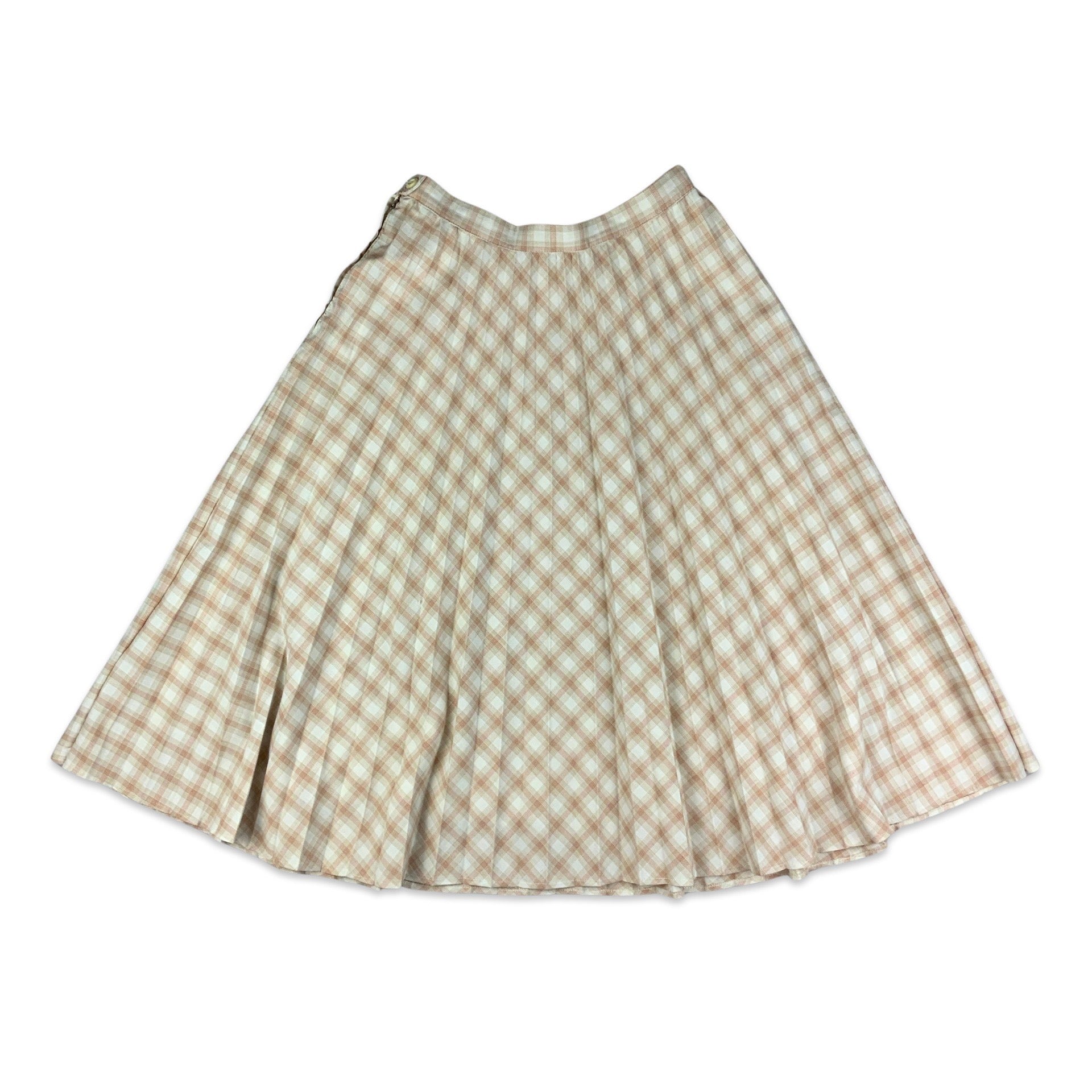 Vintage Beige Peach Checked Pleated Midi Skirt 10