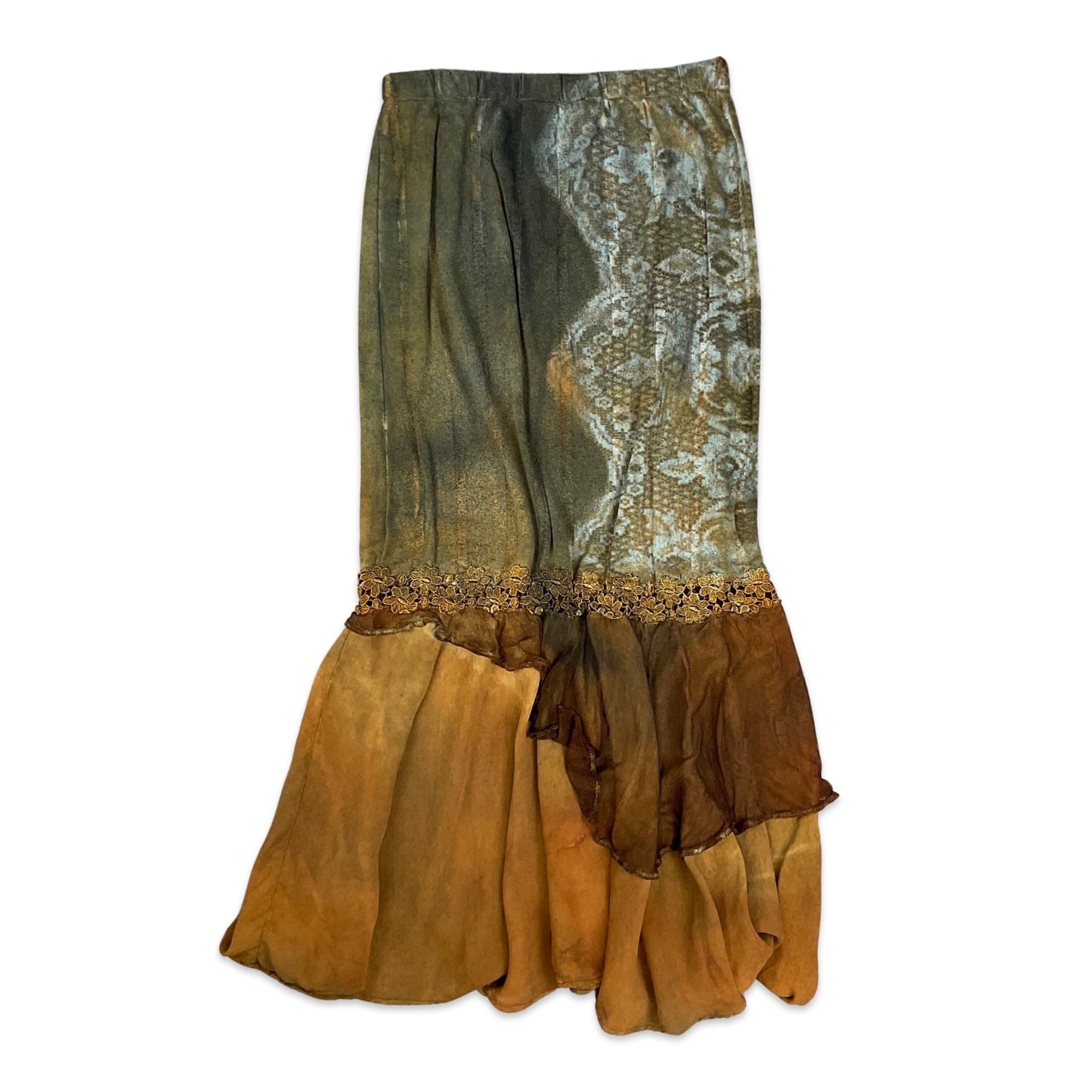 Vintage Boho Tiered Brown Maxi Skirt 8 10