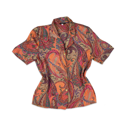 Vintage 90s Y2K Pink and Orange Paisley Print Button-up Blouse 10 12