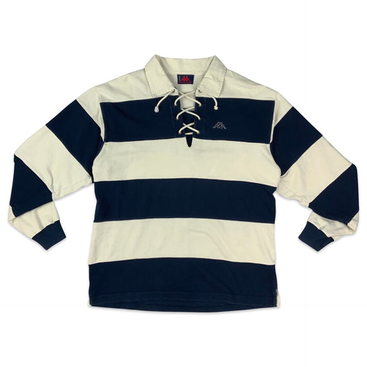 Vintage Kappa White & Navy Rugby Shirt with Lace Up Collar M L