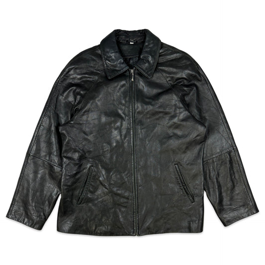 Y2K Black Leather Bomber Jacket L