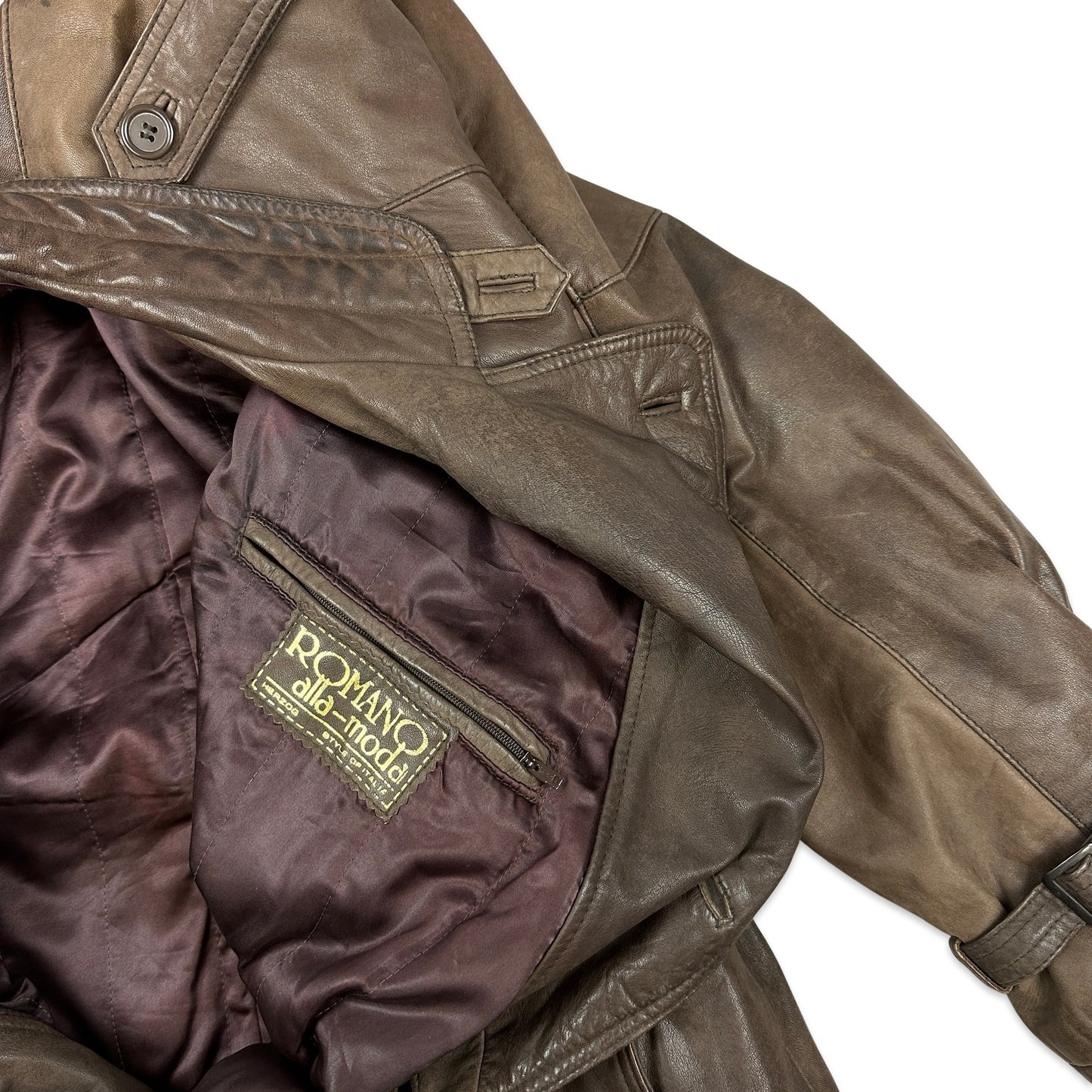 90s Vintage Brown Leather Trench Coat L