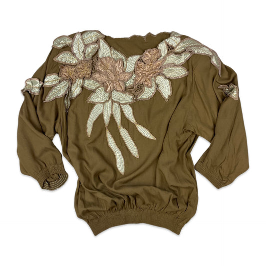 80s Vintage Brown Floral Embroidered Blouse 18