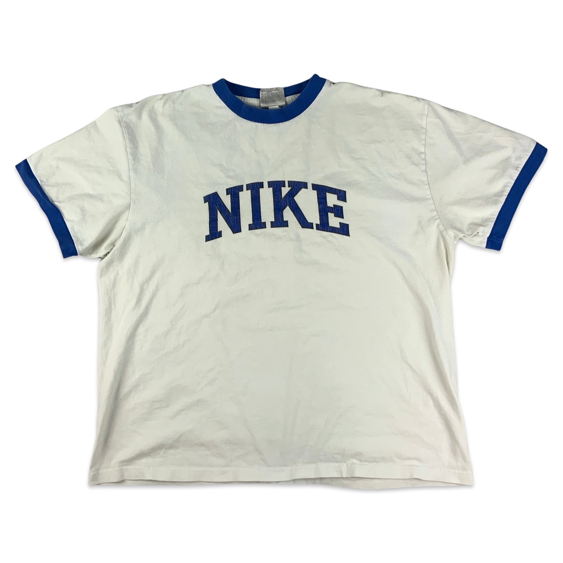 00s Nike White Blue Ringer Spell Out Tee L XL