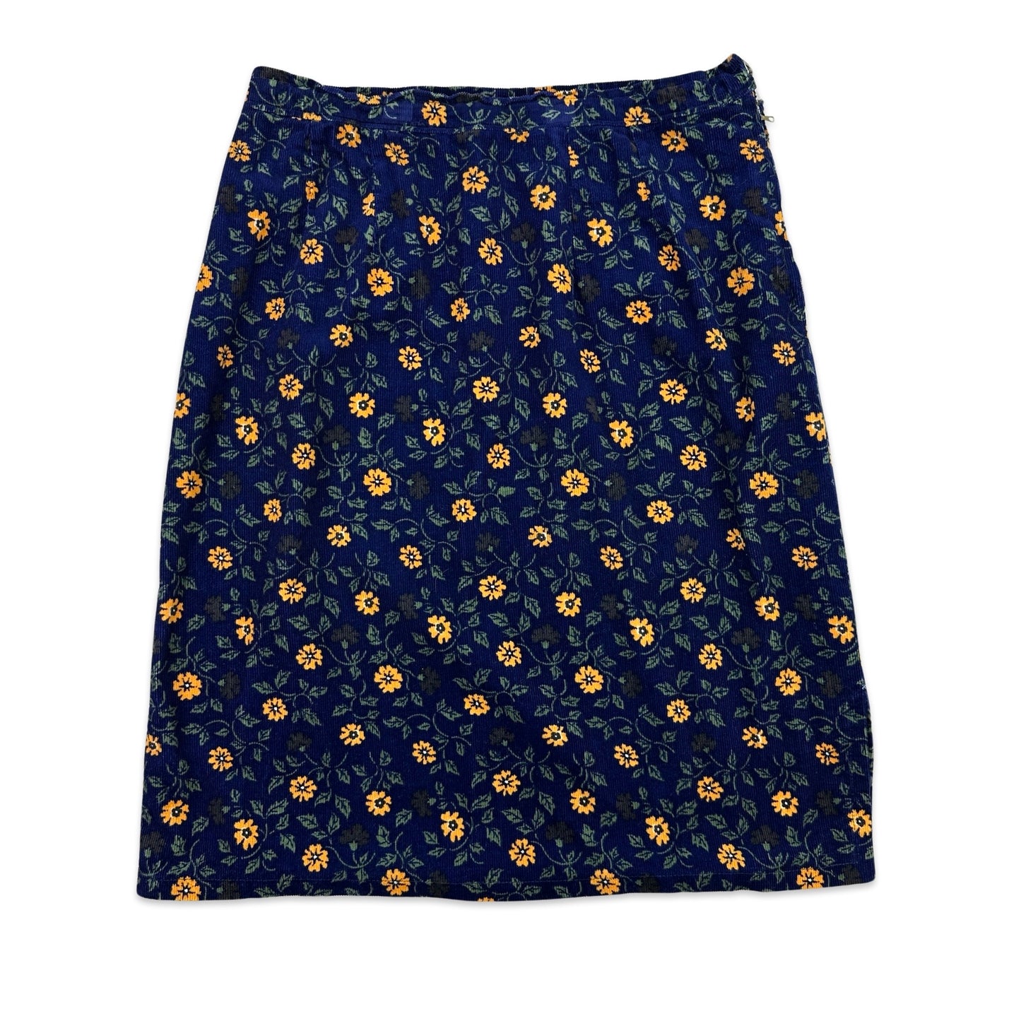 80s Vintage Blue Cord Floral Patterned Skirt 14