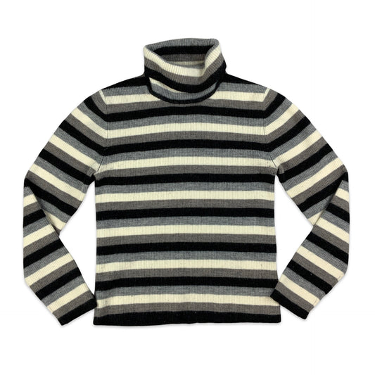 Vintage 90s Striped Black Grey & White Ribbed Knit Turtleneck 4 6 8 10