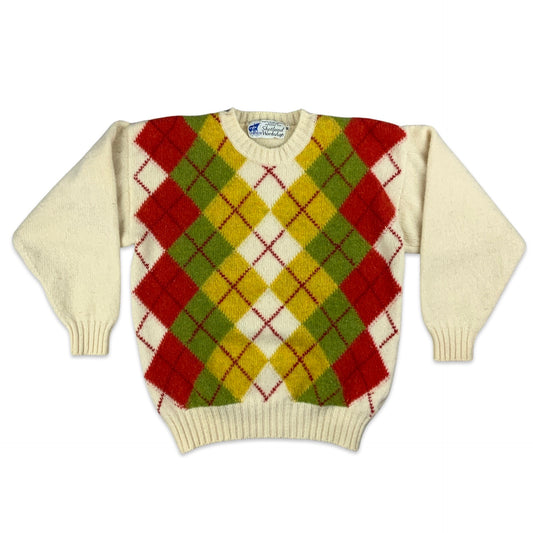 Vintage 90s Argyle White Yellow Orange & Green Knit Wool Jumper 12 14