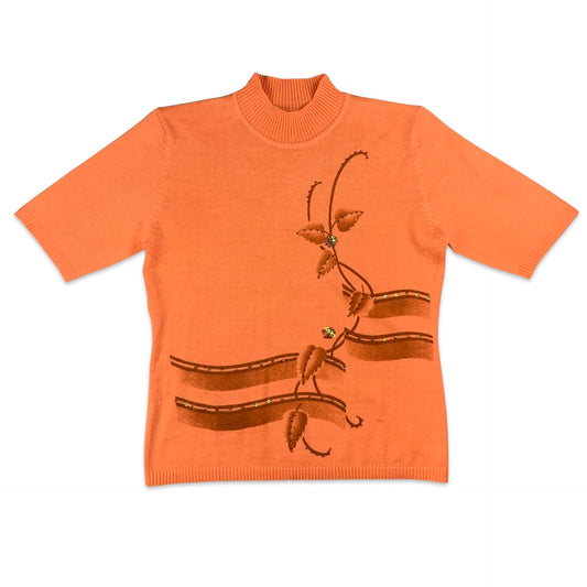 Vintage Orange & Brown Botanical Short Sleeve Jumper 12 14