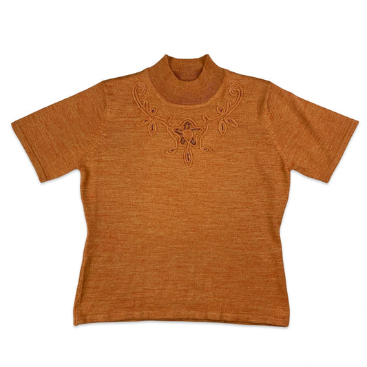 Vintage Orange Mock Neck Knit Floral Short Sleeve Jumper 10 12