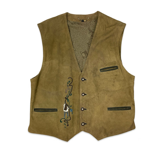 Vintage Alpine Style Leather Waistcoat L XL
