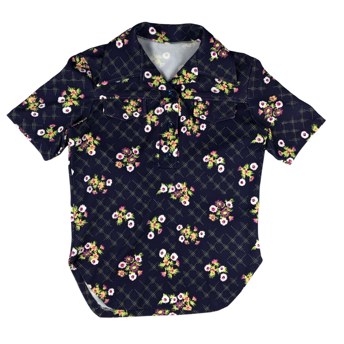 Vintage 70s Navy Floral Pattern Blouse 10