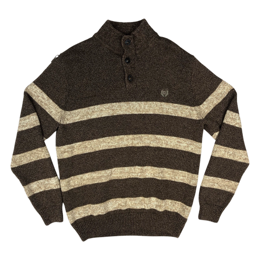 Vintage Chaps Brown and Beige Striped Knit 1/4 Button Turtleneck Jumper L