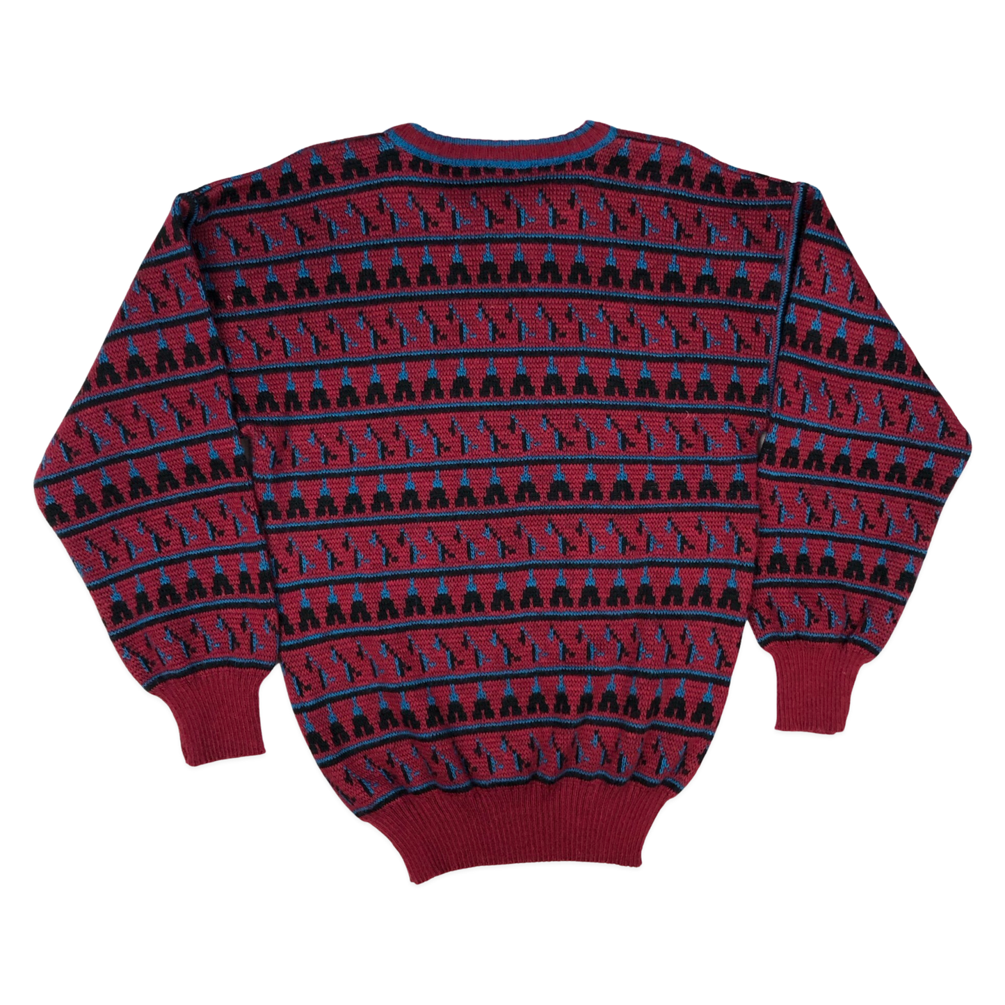 Vintage 80s Red, Black, and Blue Patterned Knit Jumper L