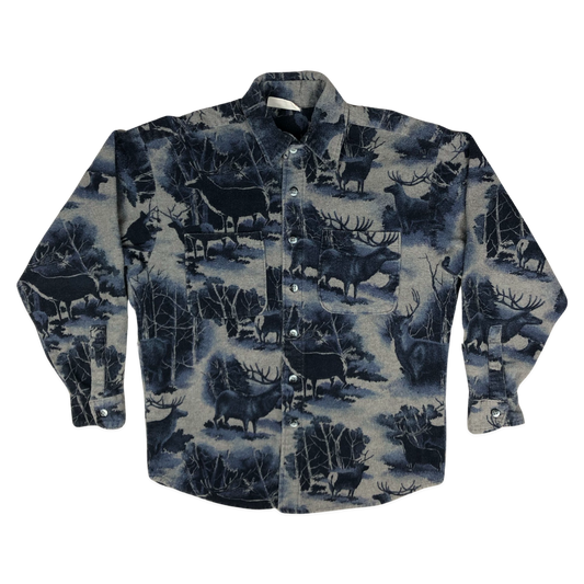Vintage Blue Deer Print Flannel Shirt XL
