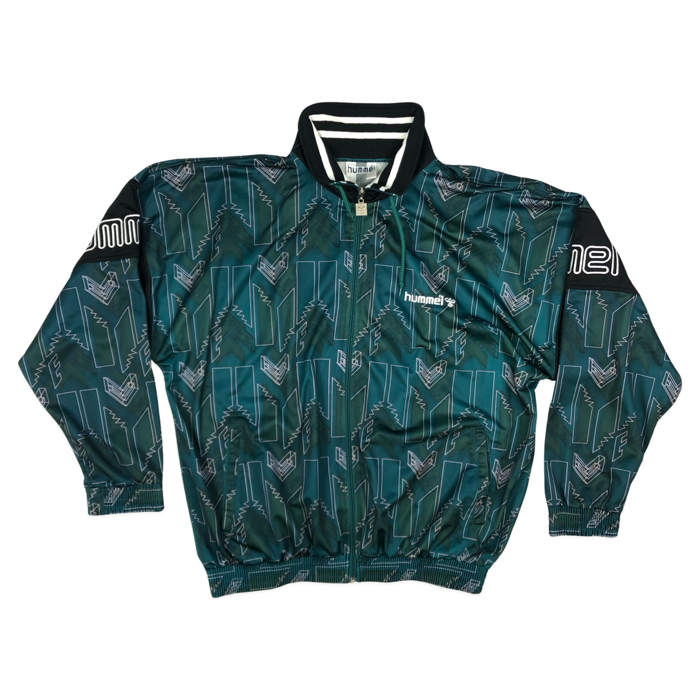 Vintage 90s Hummel Crazy Pattern Green and Black Track Jacket 4XL