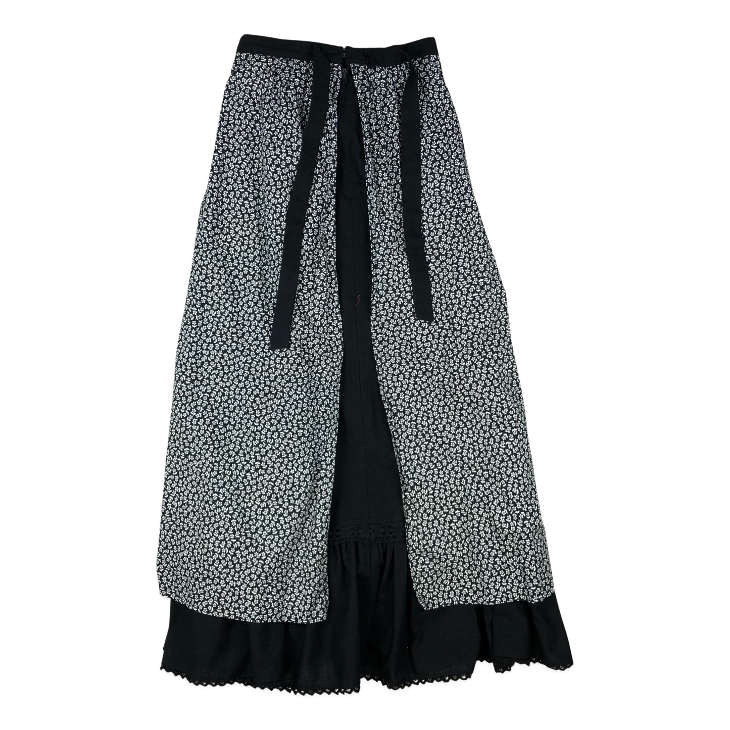 Vintage 70s Layered Black and White Floral Print Folk Skirt 8