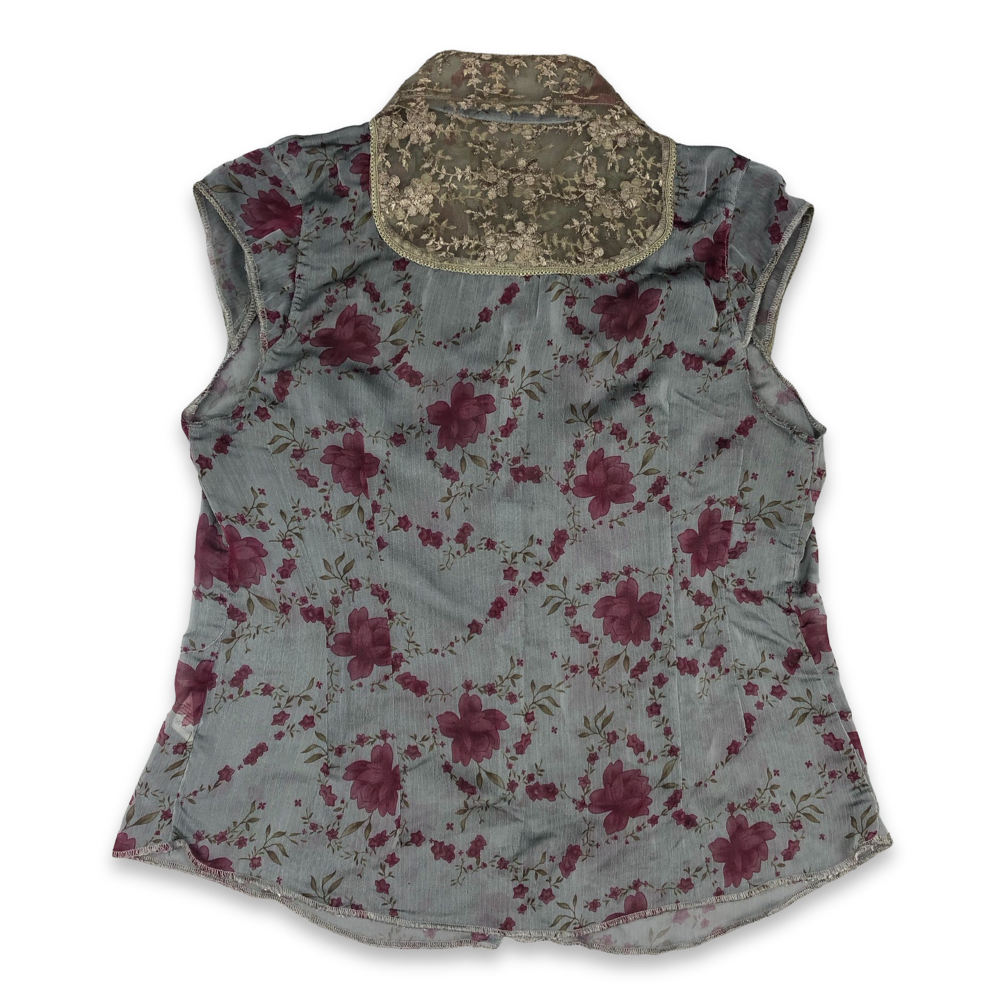 Vintage Y2K Sheer Grey Floral Print Collared Blouse 12