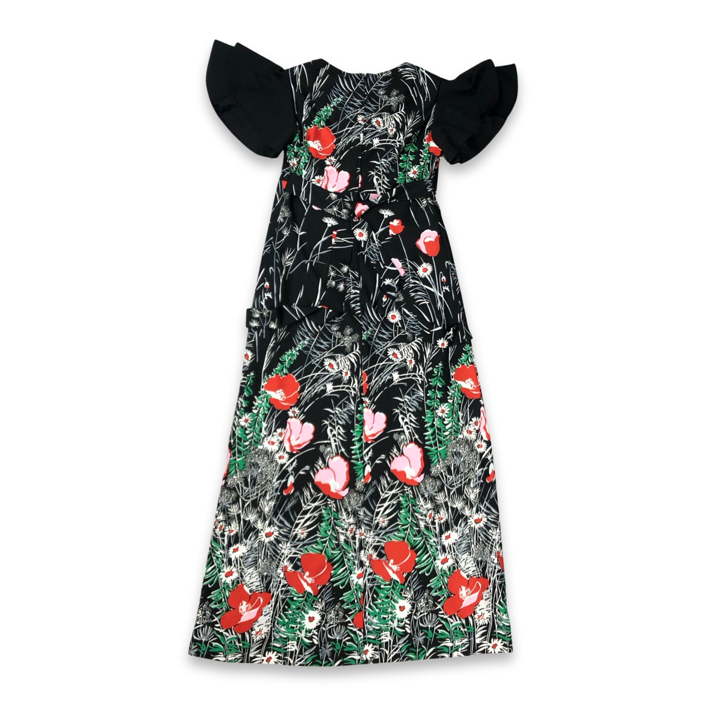 Vintage 70s Floral Daisy and Poppy Print Black Maxi Dress 10