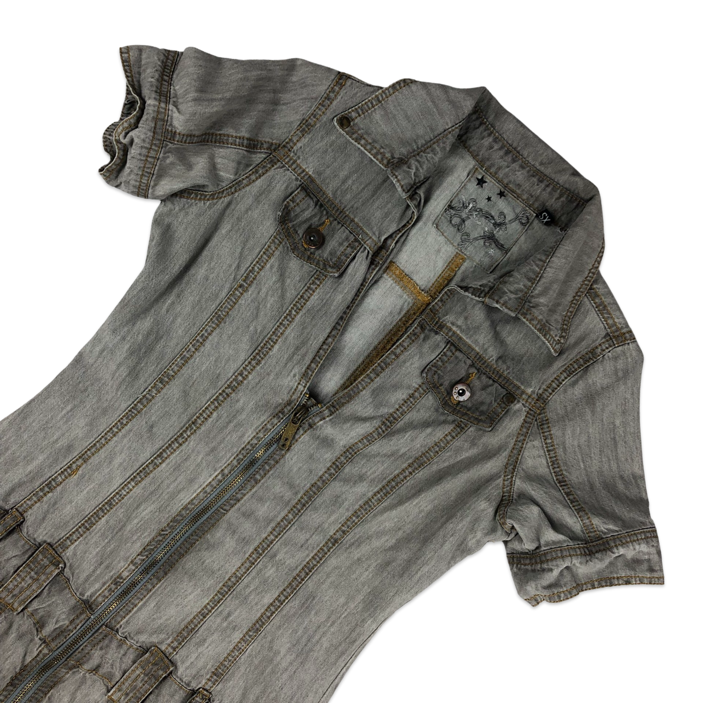 Vintage 90s Y2K Grey Denim Short Sleeved Dress 8