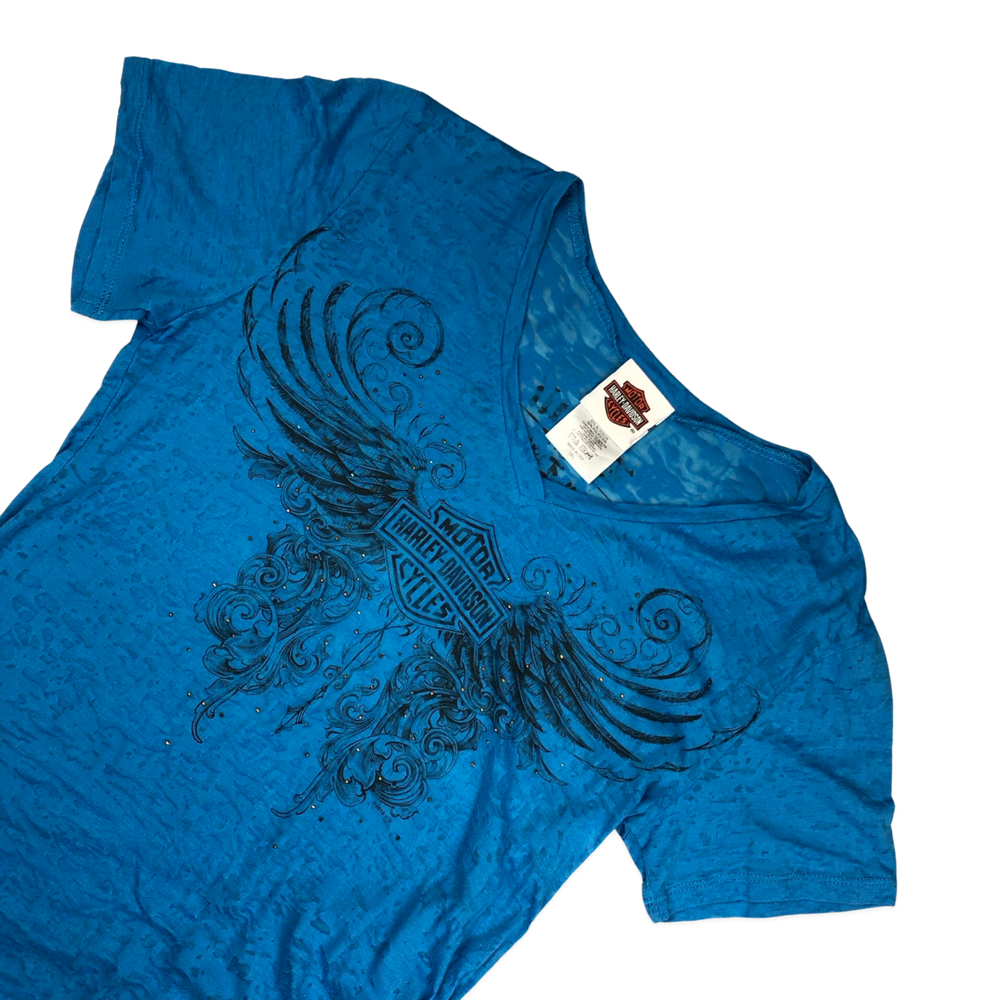 Vintage Blue Embellished Sheer Harley Davidson Top 12