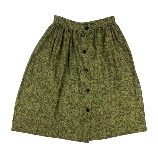 Vintage 70s Green Paisley Print Gathered Skirt 10