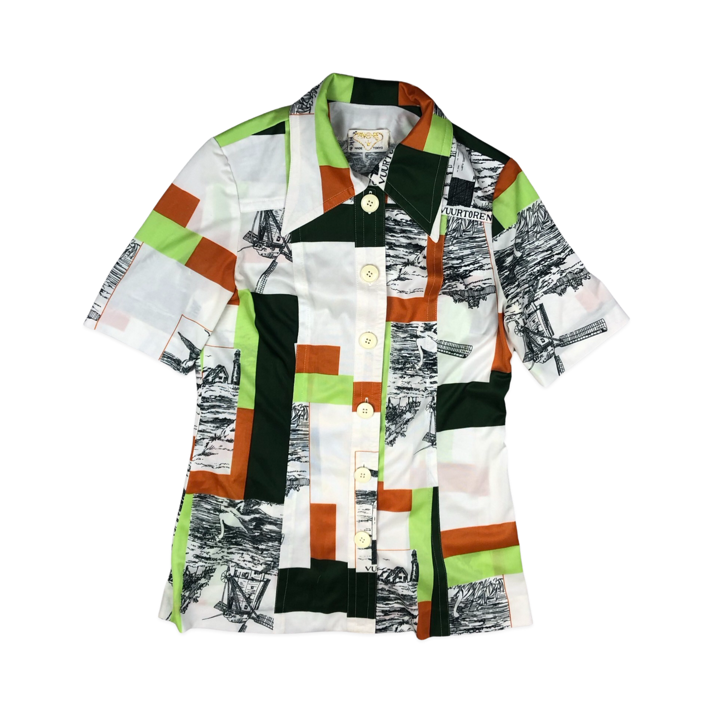 Vintage 80s 90s White Abstract Colourful Print Blouse 8
