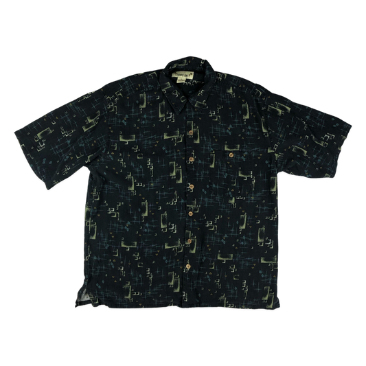 Vintage Black Abstract Print Silk Hawaiian Shirt XXL