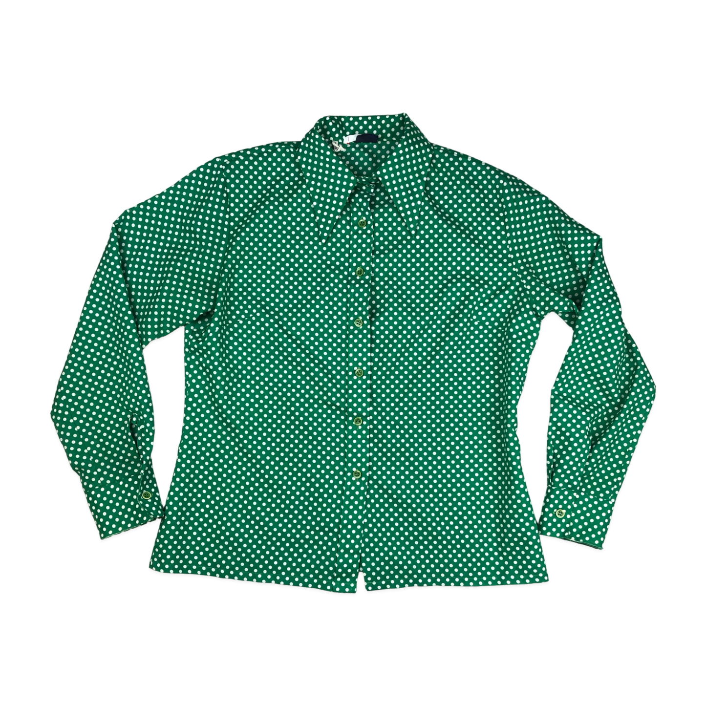 Vintage 70s Green Polka Dot Button-up Blouse 16