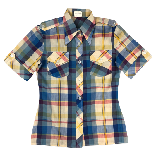 Vintage 70s Blue Red and Yellow Plaid Blouse 8